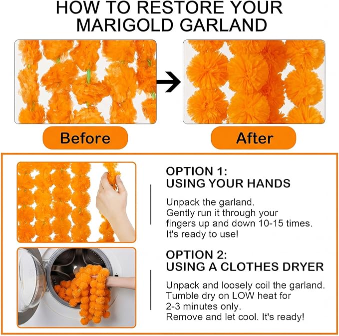 Giegxin 15 Pack Marigold Garland for Decoration 5 ft Long Strands Faux Artificial Marigold Flowers for Dia De Los Muertos Diwali Indian Wedding Party Decorations(5 Colors)
