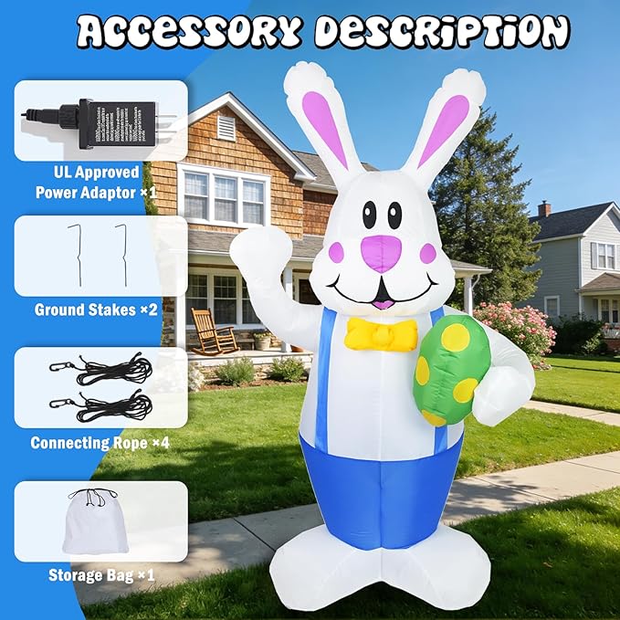 Dearsun 6.2FT Easter Inflatable Bunny Blow up Outdoor Yard Decorations Giant Bunny Holding Easter Egg with LED Lights for Holiday Party Indoor Outdoor Decor