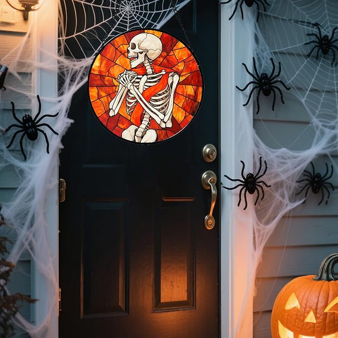 Stained Glass Window Hanging - Halloween Decorations Fear Skeleton Suncatcher for Doors Garden Indoor Spooky Funny Sun Catchers Gothic Decor Horror Gifts for Women Men Friend 11.8 in