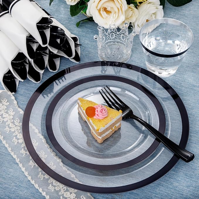 I00000 350 Pcs Clear and Black Plastic Plates,Black Dinnerware Set, Include 50 Dinner and 50 Dessert Plates,50 Plastic Cups,50 Pre Rolled Napkins with Cutlery for Party