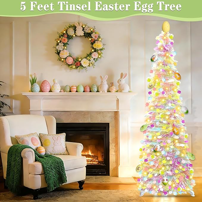 Timer - Easter Decorations, 5Ft Lighted Easter Tree with 50 LED Warm White Lights 12 Colorful Eggs Ornaments Battery Operated Easter Egg Tree Pop Up Tinsel Collapsible Tree for Home Porch Office Party