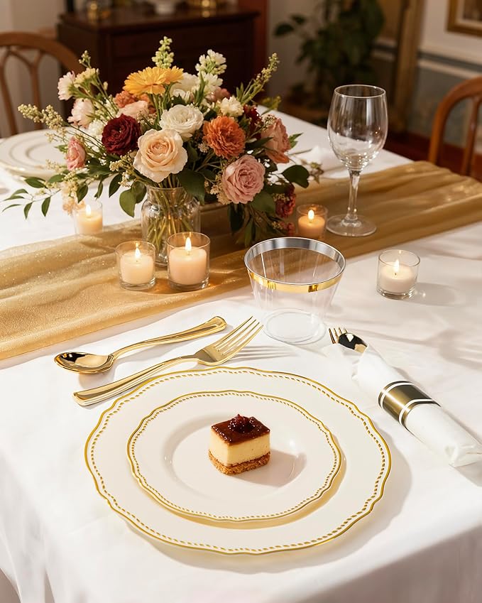 Hioasis 175pcs Ivory Gold Plastic Plates - Gold Plastic Dinnerware Set Includes 25 Dinner Plates, 25 Dessert Dinnerware, 25 Cups, 25 Napkins Perfect for Wedding & Party