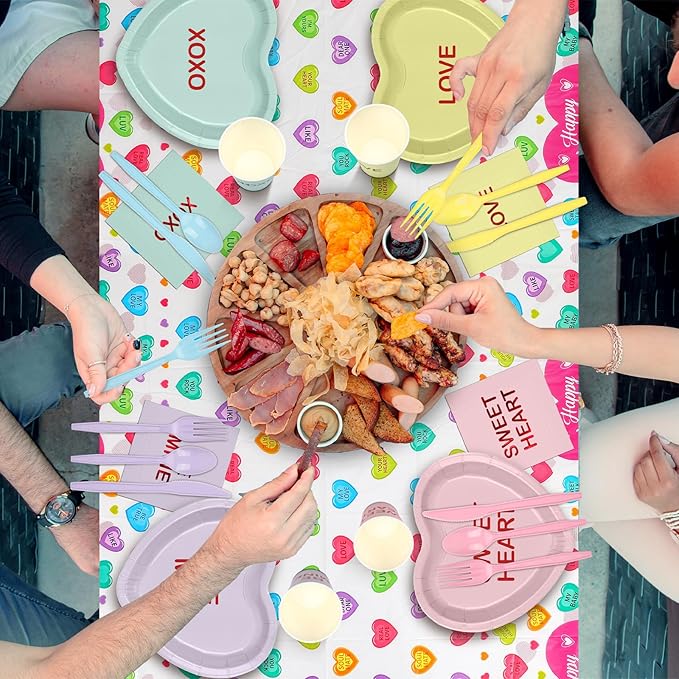 342 Pcs Valentine's Party Supplies Conversation Heart Tableware Set Serve 48 Conversation Heart Plates Napkins Cups Forks Knives Spoons Tablecloth Valentines Party Decor Disposable Dinnerware