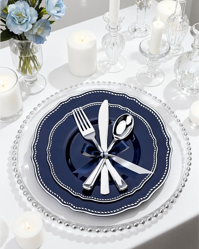 Hioasis 175pcs Blue Silver Plastic Plates - Silver Plastic Dinnerware Set Includes 25 Dinner Plates, 25 Dessert Dinnerware, 25 Cups, 25 Napkins Perfect for Wedding & Party
