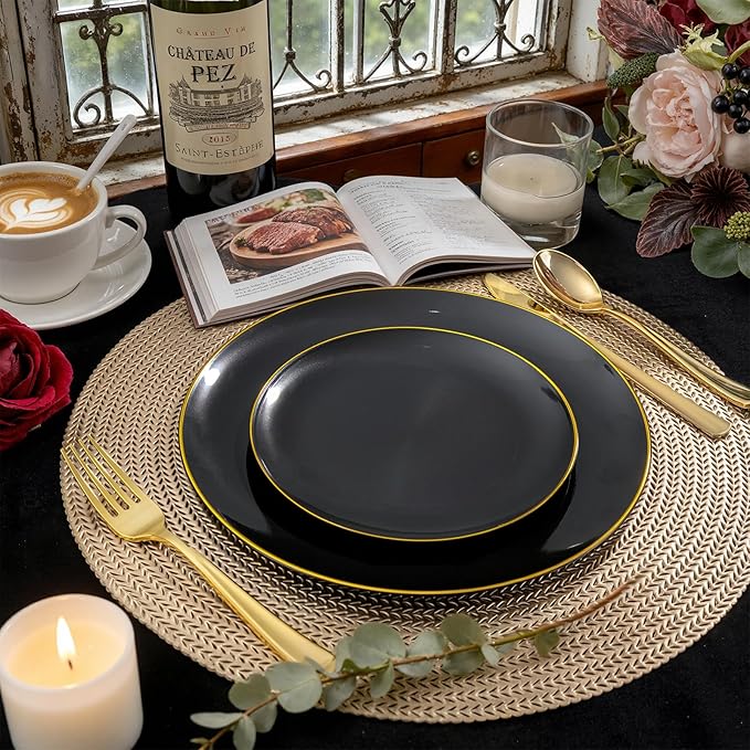 KIRE 175Pcs Black Plates Disposable - Heavy Duty Black and Gold Plastic Plates- 25 for Dinner 25 for Dessert 25 Pre Rolled Gold Silverware and 25 Cups for New Year/Birthday Party