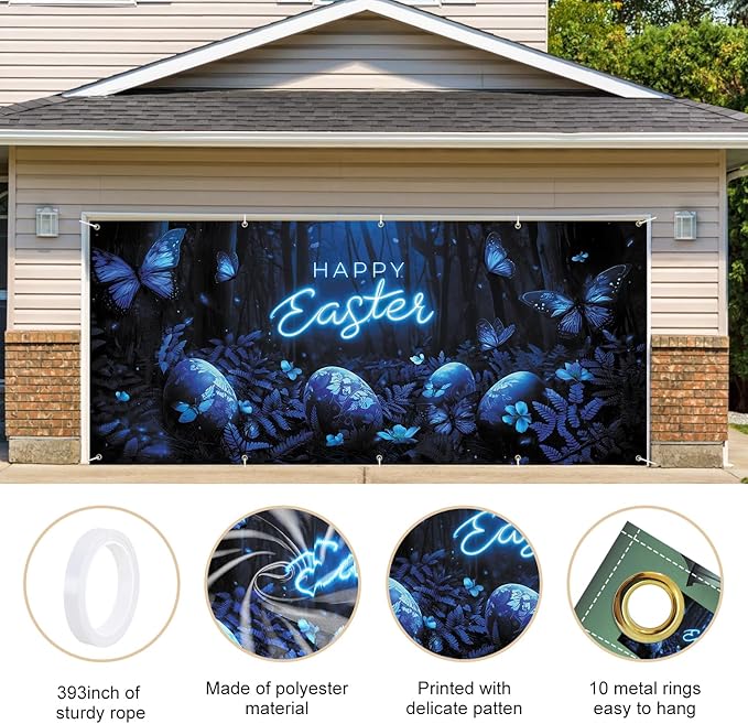 Happy Easter Glowing Banner 7x16FT, Neon Happy Easter Design with Blue Butterflies and Easter Eggs, Spring Holiday Decoration for Yard and Garage