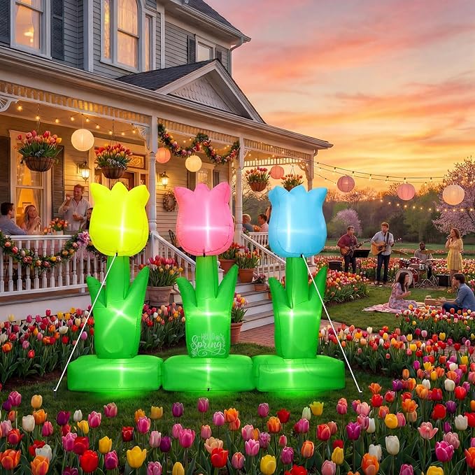 VIHOSE 6 ft Spring Inflatable Flower Decoration LED Blow up Yard Decor Large Inflatable Tulip Flower Outdoor Decoration for Spring Holiday Outside Lawn Party Supplies
