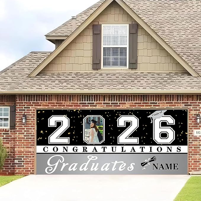 Custom Graduation Garage Door Banner Decoration 7x16ft with Photo Congrats Garage Door Cover 2026 Party Photo Booth Backdrop Party Supplies(Silver)