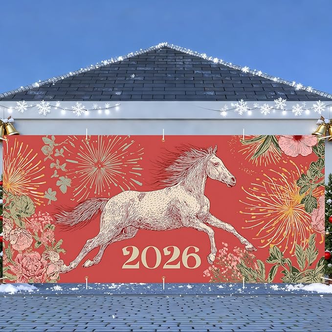 New Year Garage Door Banner 7x16FT, 2026 Fireworks and Running Horse Garage Door Cover, Large Outdoor Decoration for Garage Doors, Driveways, New Year Parties and Countdown Celebrations
