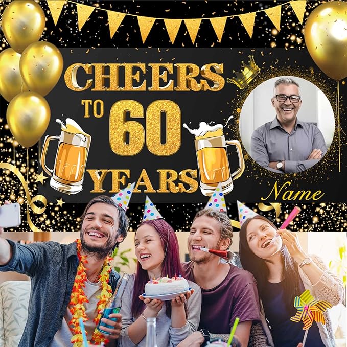 Custom 30/35/40/45/50/55/60/65/70/75/80/85/90/95/100th Black and Gold Happy Birthday Party Decorations Supplies Personalized Black and Gold Birthday Backdrop Banner(6x9ft)