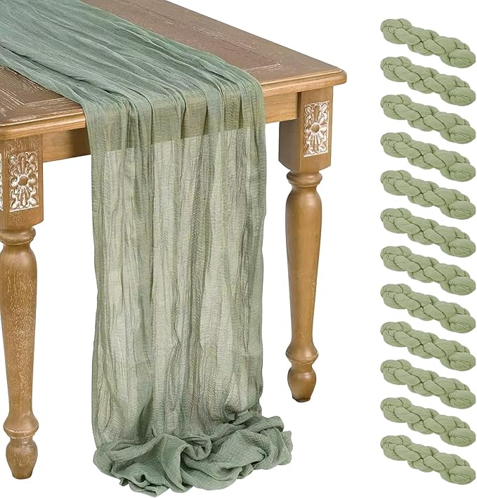 12 Pcs Sage Green Cheesecloth Table Runner 13ft Boho Gauze Cheesecloth Table Runner 160 inch Long for Christmas Wedding Bridal Baby Shower Birthday Table Decorations