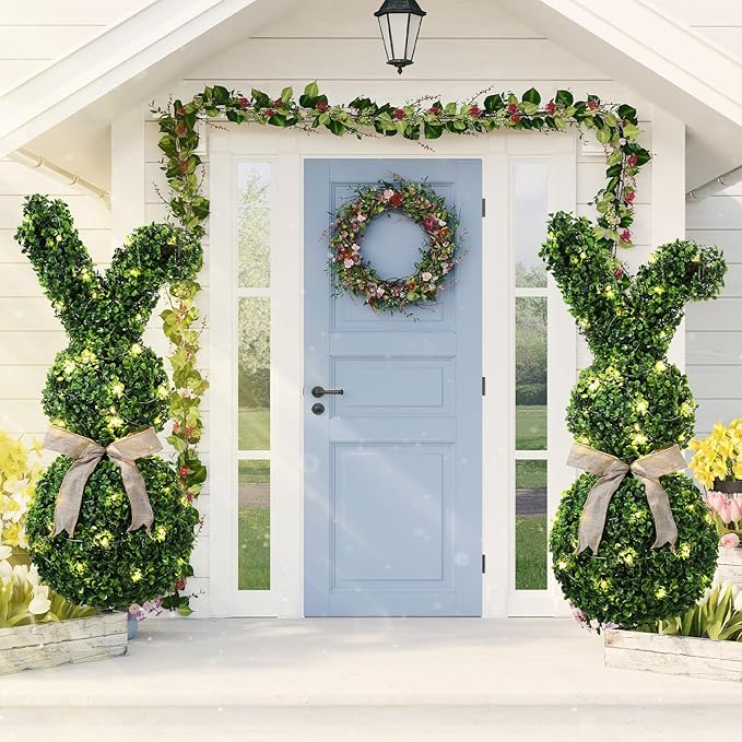 2 Pcs 31.5 Inch Easter Artificial Bunny Shaped Topiary Trees with Ground Spike, Spring Faux Boxwood Topiary Rabbit Bushes Potted Fake Shrubs for Garden Patio Front Porch Indoor Outdoor Decor