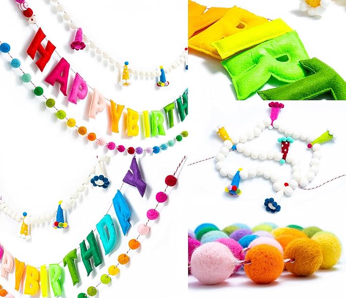 3Pcs Pre-Strung Reusable Happy Birthday Banner - Colorful Felt Ball Garland - Rainbow Party Decorations, Personalized Holiday Sign for Home Classroom Office Decor, Photo Prop Happy Birthday Sign for Kids Birthday Party (Birthday Banner + Felt Hat Garla...