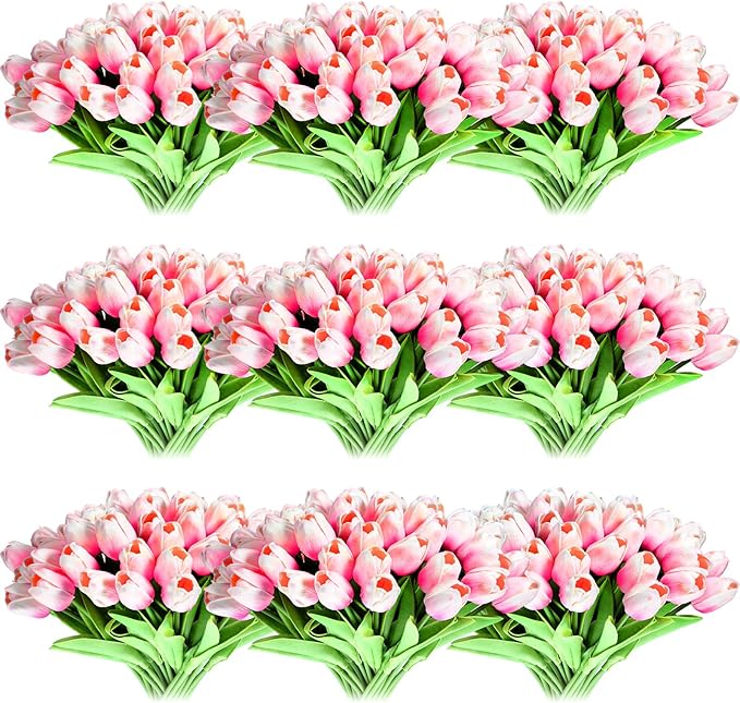 Jexine 100 Pcs Artificial Real Touch Tulips Fake Artificial Tulip Flower Bulk Bouquet with Stem for Table Centerpieces Wedding Bridal Easter Mother's Day Garden Home Decor, 13.4''(Light Pink)