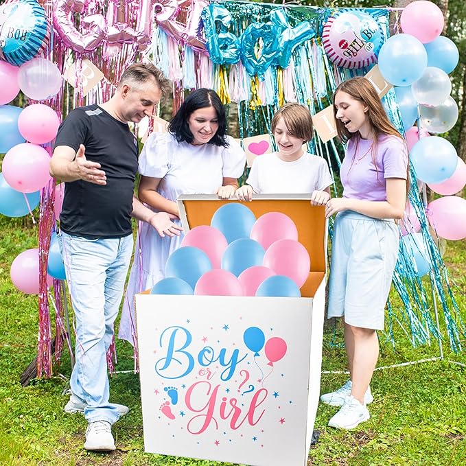 28 Inches Extra Large Gender Reveal Gift Box Kit with Oversized One Sided Printing Box Giant Pull Bows Balloon Ribbon for Gender Reveal Baby Shower Birthday Party Decor Supplies Not for Heavy-Duty