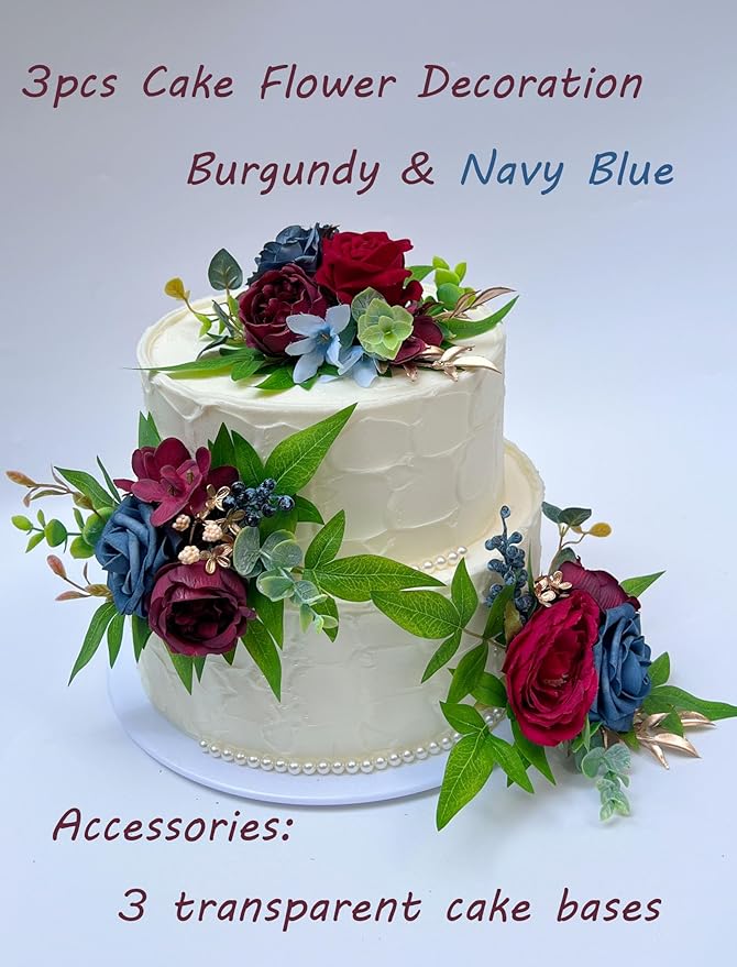 CherishedMoments 3Pcs Cake Topper Set, Wedding Artificial Flowers Decor Burgundy and Navy Blue Cake Topper Decorations for Wedding Ceremony Anniversary, Wedding Home Decor