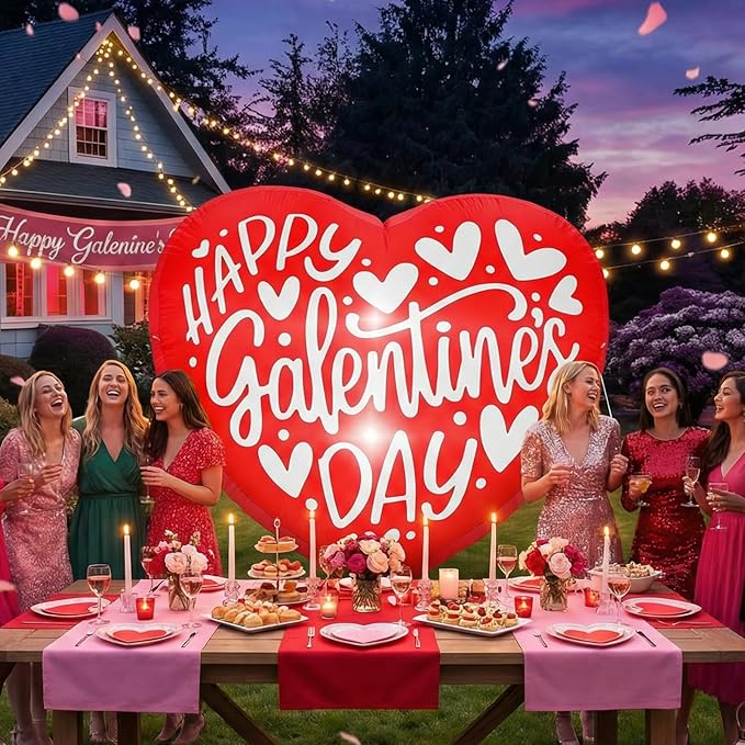 VIHOSE Happy Galentines Day Inflatables Decorations 4.3 ft Pink Galentines Day Blow up Decor Heart LED Lights Inflatable Decor for Ladies Girls Friends Valentine Party Photo Props