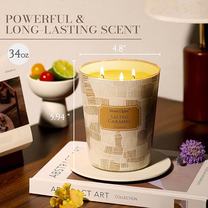 HomeLights Scented Candles | Large Jar 34 Oz Natural Soy Candle | 130 hrs Long-Lasting with 3 Wicks | Rustic Modern Home Decor | Gifts for Mom & Women, Salted Caramel