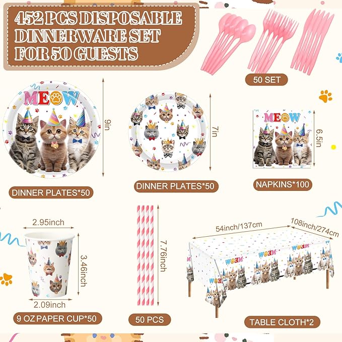 452 Pcs Cat Birthday Party Decorations for 50 Guests, Cat Paper Plates Napkins Cups Tablecloth Cutlery Straws Disposable Tableware Set for Kitten Lover Birthday Party Supplies
