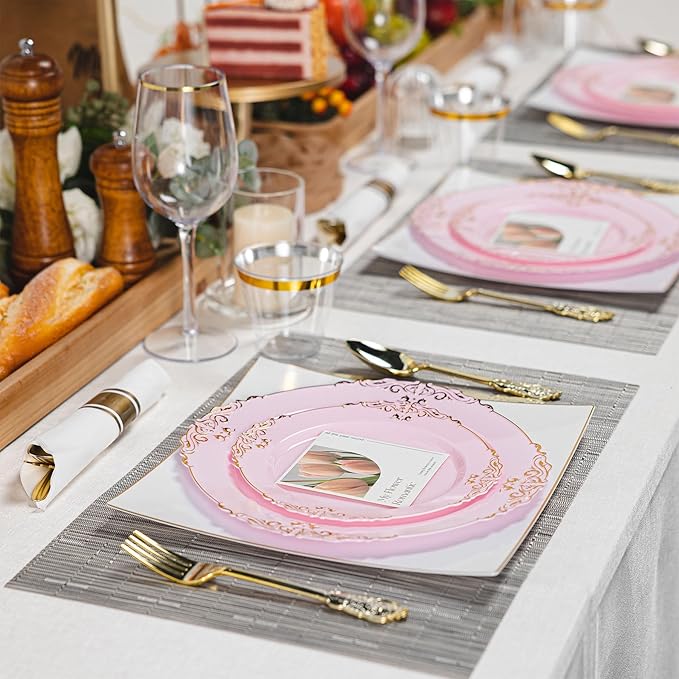 350pcs Gold Retro Dinnerware Sets Disposable, 50 Guests Heavy Duty Plastic Cutlery Sets, 100 Disposable Plates, 150 Silverware, 50 Cups, 50 Napkins for Wedding & Party, Pink