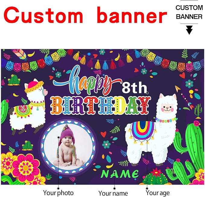 Custom Llama Cactus Happy Birthday Party Decorations Supplies Personalized Mexican Llama Cactus Birthday Backdrop Banner(5x7.5ft)