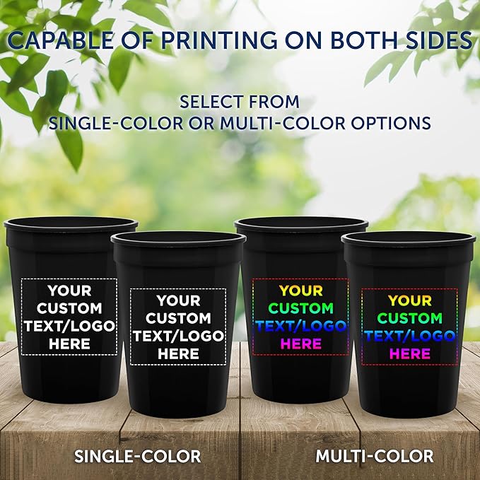 Custom Disposable Plastic Cups 12 oz. Set of 100, Personalized Bulk Pack - Perfect for Summer, Sporting Events, Birthdays, Weddings, Picnic, Beach, Parties - Black