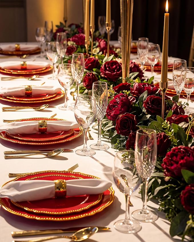 Hioasis 350pcs Red Gold Plastic Plates - Red Plastic Dinnerware Set Includes 50 Dinner Plates, 50 Dessert Dinnerware, 50 Cups, 50 Pre-rolled Napkins Perfect for Wedding & Party
