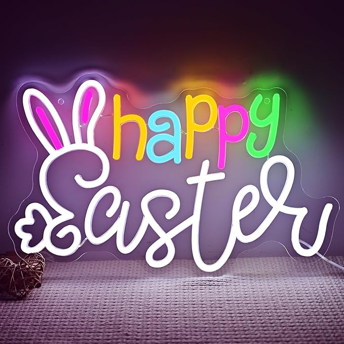 Happy Easter Led Neon Sign, Cute Bunny Ear Light Up Sign, Easter Home Wall Decor for Bedroom, Bar, Window, Spring Party Gifts