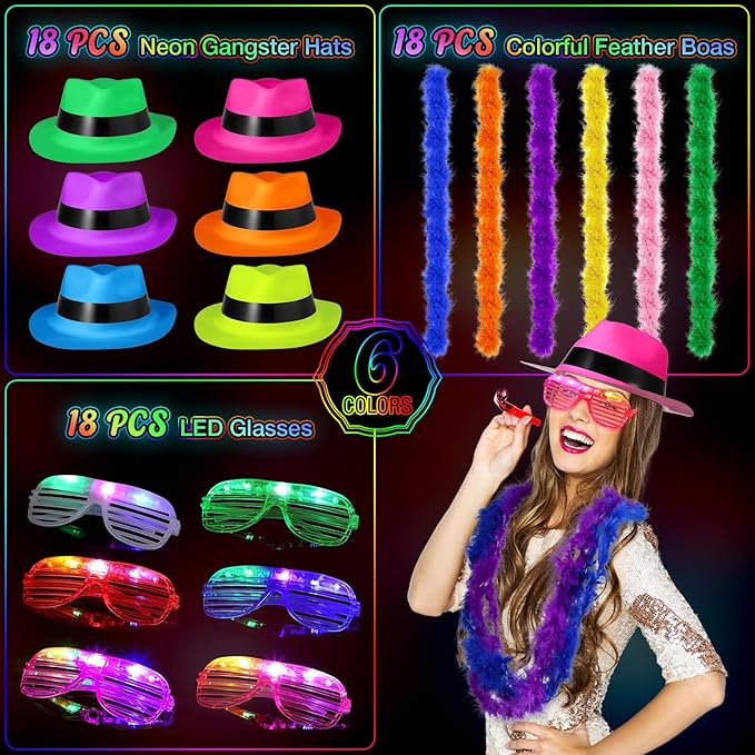 54 Pieces Neon Party Supplies Glow in The Dark Parties Supplies 18 Pcs Neon Gangster Party Hats 18 Pcs Light up Glasses with Colorful Feather Boas for Mardi Gras Carnival Hora Loca 80's Raves