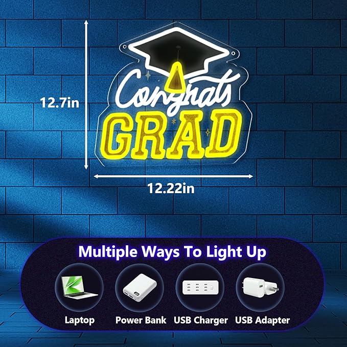 Congrats Grad Neon Sign LED Graduation Neon Lights Dimmable Graduation Party Decor for Prom Party,Graduation Gift for Boys Girls-12.72 x 12.2 IN-USB Powered-Acrylic