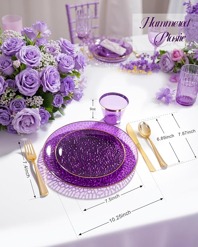 Hioasis 175pcs Purple Gold Plastic Plates - Purple Gold Dinnerware Set Includes 25 Dinner Plate, 25 Dessert Plate, 25 Cups, 25 Napkins Perfect for Wedding & Party
