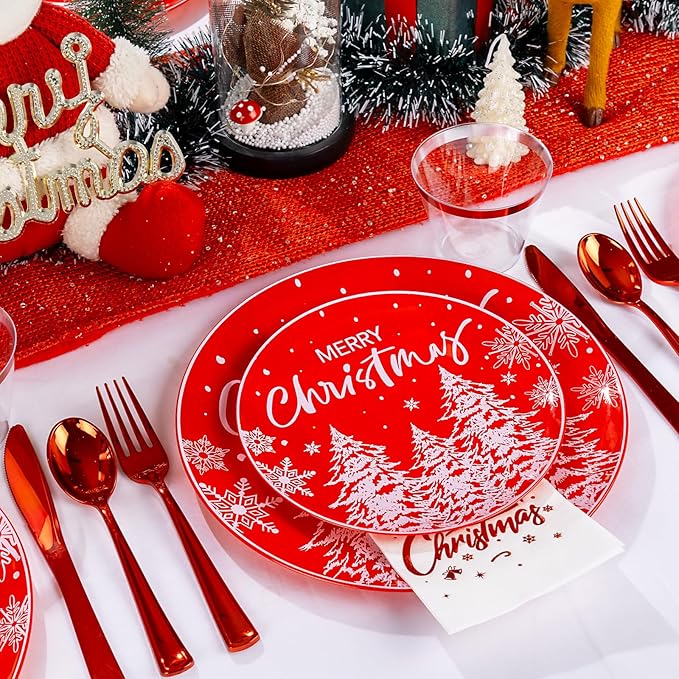I00000 210Pcs Christmas Plastic Plates - Red Disposable Plates with Red Plastic Silverware Include 60 Plates, 30 Forks, 30 Knives, 30 Spoons, 30 Cups, 30 Napkins for Xmas Party