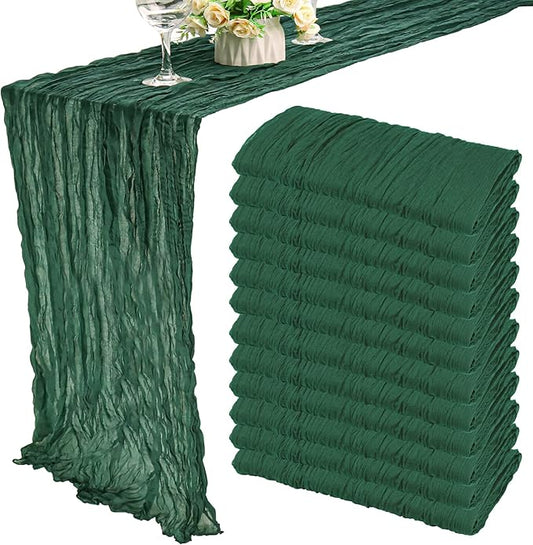 12 Pack 10Ft Cheesecloth Table Runner 35x120 Inch Boho Gauze Table Runner Rustic Cheese Cloth Long Romantic Table Runners for Wedding Bridal Shower Birthday Party Table Decor (Dark Green)