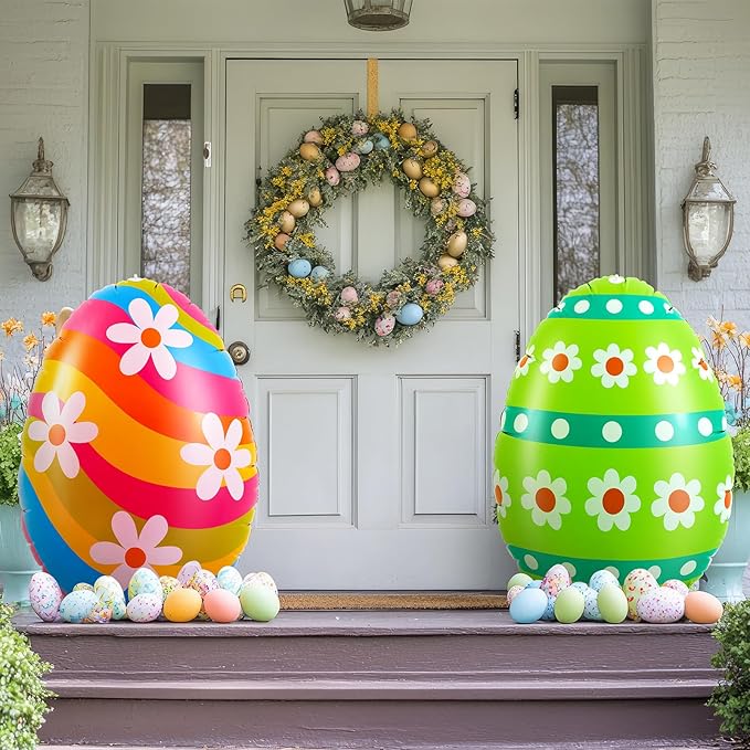 Liliful 2 Pcs 40inch Giant Easter Inflatables PVC Decorations Standing Blow up Colorful Easter Egg Rabbit Bunny Outdoor Decor for Holiday Party Yard Indoor Outdoor Garden Lawn(Daisy Stripe)
