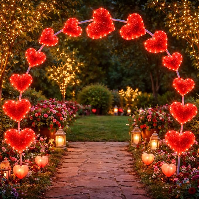 VIHOSE 10ft Valentine's Day Heart Light Arch LED Outdoor Arches Decor with Flasher Modes Love Pathway Markers Lights for Valentine Proposal Wedding Engagement and Birthday Party Yard Lawn Decor
