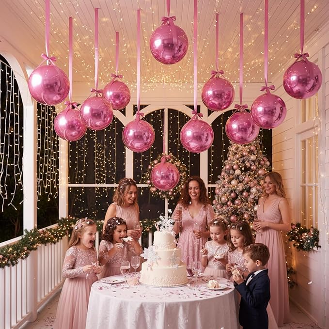 Jenaai 30 Set Valentine's Day Round Foil Balloons Bulk 22 Inch 4d Metallic Giant Balloons Set with Satin Bows Ribbon for Ceiling Holiday Ornaments New Year Birthday Wedding Party Decoration(Pink)