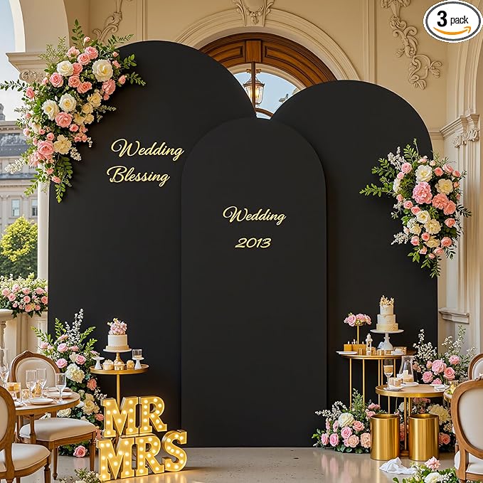 Black Arch Backdrop Cover Set of 3 - Spandex Arch Covers 7.2FT 6.6FT 6FT Stretchy Fabric Backdrop for Wedding Ceremony, Bridal Baby Shower, Birthday Party, Photo Booth Background Decor