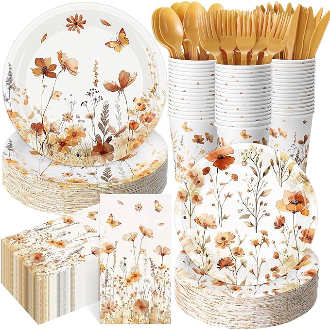 400 Pcs Fall Wild Floral Disposable Paper Plates Napkins Cups Serve 50 Floral Tableware Set for Autumn Thanksgiving Harvest Wedding Tea Party Decoration Bridal Shower Baby Shower