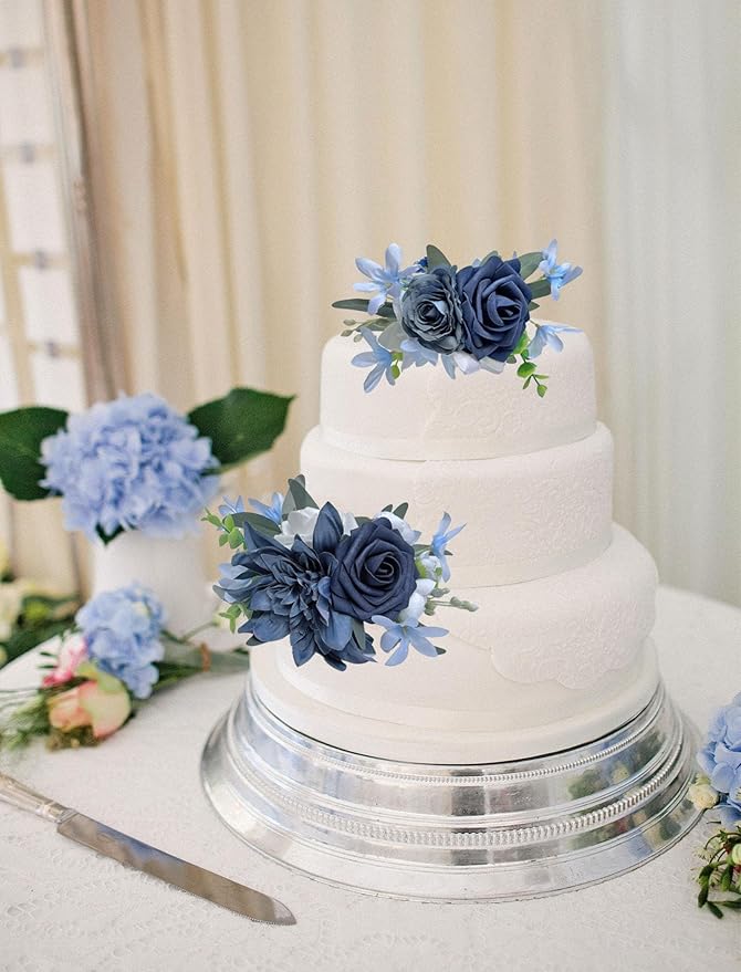 CherishedMoments 3Pcs Cake Topper Set, Wedding Artificial Flowers Decor Blue Cake Topper Decorations for Wedding Ceremony Anniversary, Wedding Home Decor,Fall Vintage Wedding