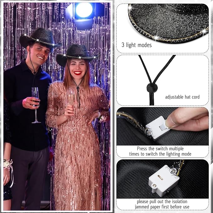 20 Pack Lights Cowboy Cowgirl Hat LED Flashing Light Up Hat for Western Bachelorette Party Wedding Bridal