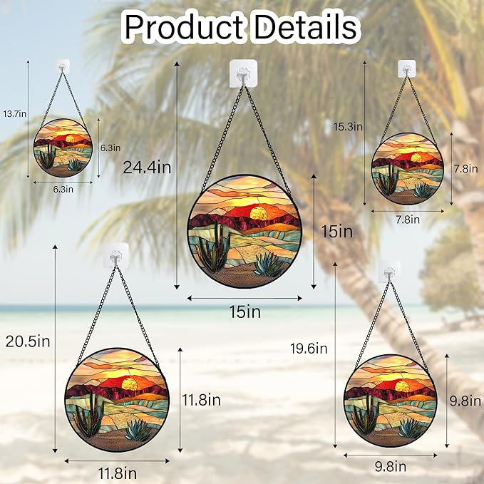 Stained Glass Window Hanging, Golden Landscape Dusk Sunset Suncatcher for Doors Window Home Cactus Sun Catchers Decoration Mother's Day Birthday Gifts for Women, Men, and Mom 9.8 in