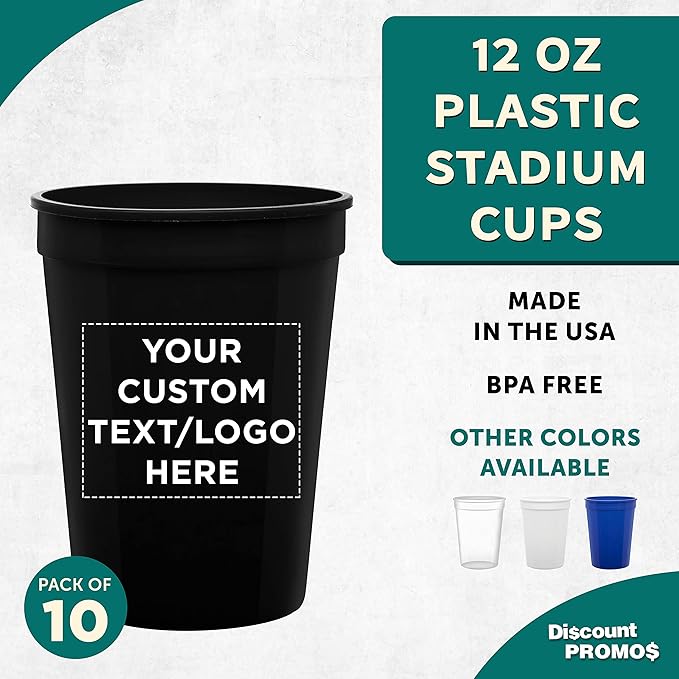 Custom Disposable Plastic Cups 12 oz. Set of 10, Personalized Bulk Pack - Perfect for Summer, Sporting Events, Birthdays, Weddings, Picnic, Beach, Parties - Black