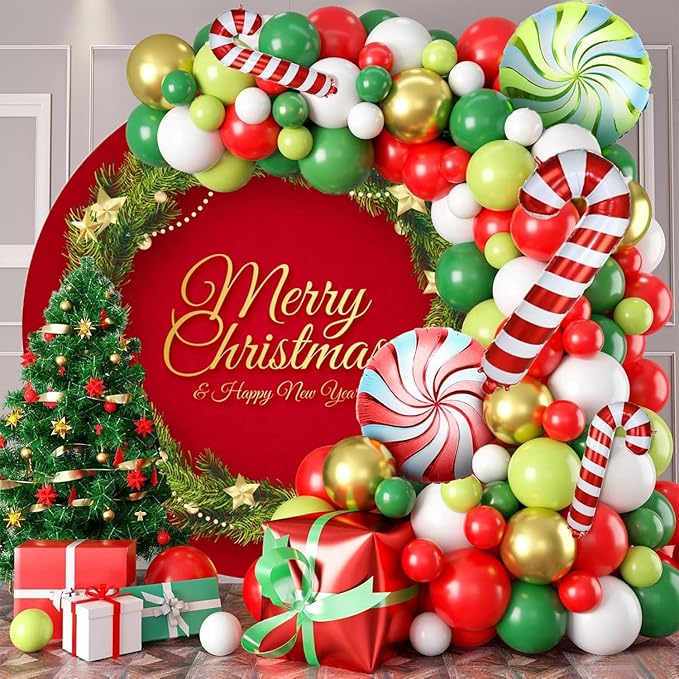 YongFoto Merry Christmas Round Backdrop Cover 6ft Green Christmas Wreath Gold Red Background Xmas Eve Happy New Year New Year's Night Festival Carnival Family Celebration Party Banquet Decor Banner