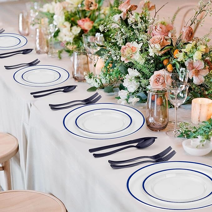 Beststar 350PCS Blue and Clear Plastic Dinnerware Sets for 50 Guests, Include 100 Blue Disposable Plates, 100 Forks, 50 Knives, 50 Spoons, 50 Cups,christmas party supplies