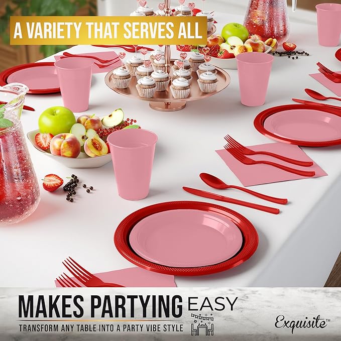 Party Solids 350 Pieces Valentines Plastic Plates For Party, Valentines Disposable Plates Set, 50 Of Each 9" Dinner Plate Set, 7" Dessert Plate, Cups, Napkins & Cutlery Plastic Dinnerware