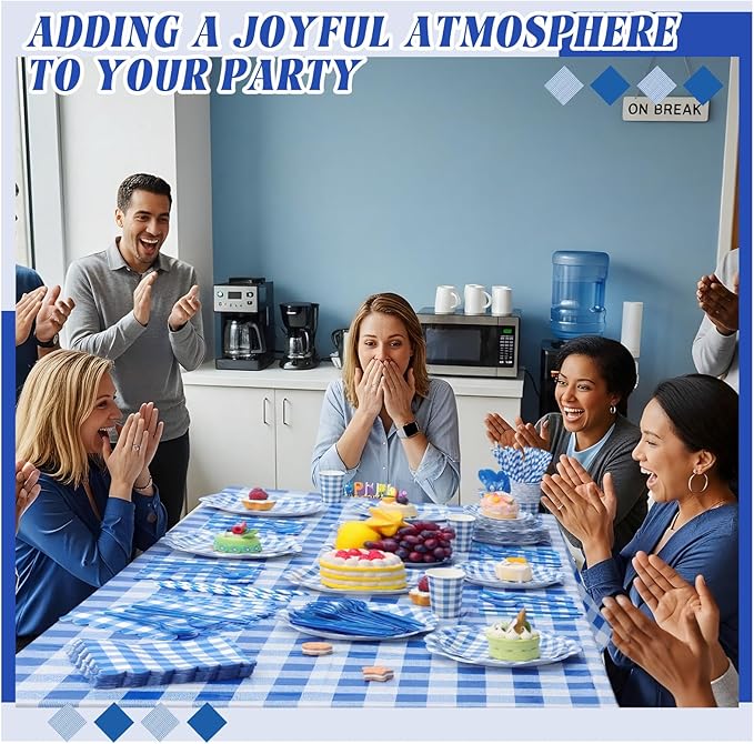 452 Pcs Blue Gingham Party Supplies for 50, Dark Blue and White Gingham Checkered Paper Plates Napkins Cups Tablecloth Cutlery Straws for Birthday Family Picnic Barbecue Party Decoration