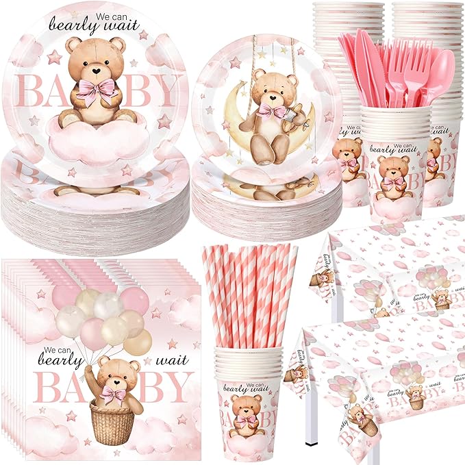452 Pcs We Can Bearly Wait Baby Shower Decorations, Pink Bear Paper Plates Napkins Cups Tablecloth Cutlery Straws for Pink Baby Shower Gender Reveal Birthday Party Supplies, Serves 50