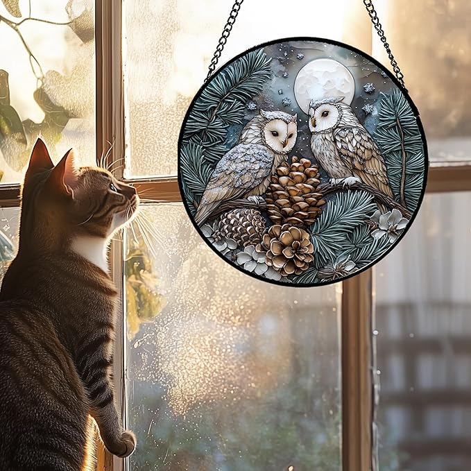 Stained Glass Window Hanging - Owl On A Tree Suncatcher for Doors Garden Patio Winter Scene Sun Catchers Decor Christmas Mother's Day Birthday Gifts for Women Men Mom Nana Friend 11.8 in