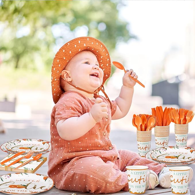 Dandat 350 Pcs Baby Shower Plates Set Baby Shower Party Supplies Serves 50 Tableware Sets Include Plates Napkin Cup Forks Knives Spoons Disposable Dinnerware(Little Cutie,Orange)