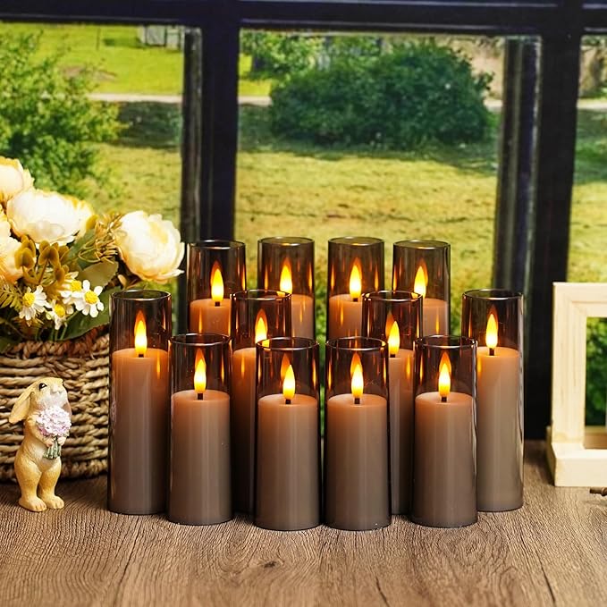 Flickering Flameless Candles, Battery Operated Acrylic LED Pillar Candles with Remote Control and Timer,Pack of 12,(D1.57 xH 4" 5" 6") for Holiday Decorations Home Decorations (Grey)